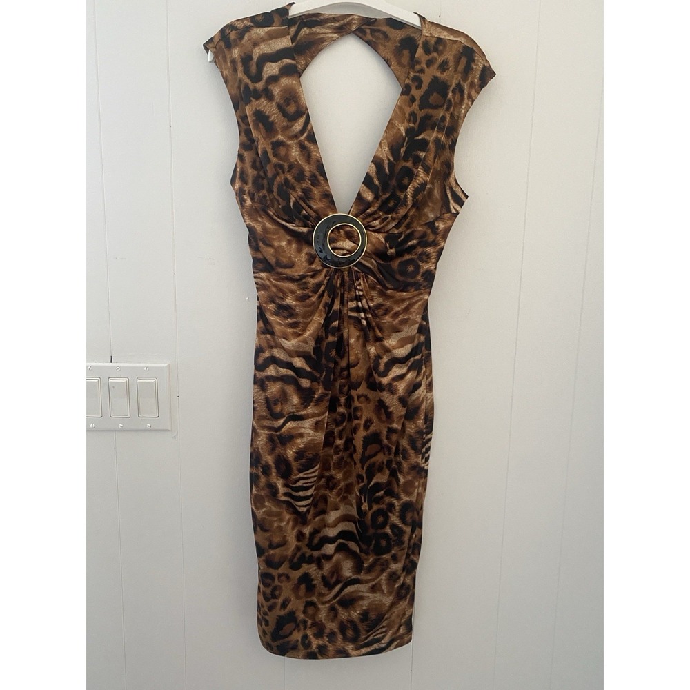 Joseph Ribkoff Leopard Print Sheath Dress Sz 6 Ring Detail V-Neck Open Back Y2K